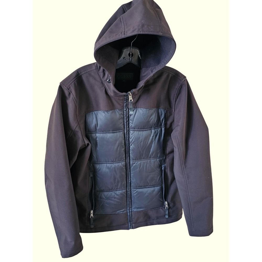 GUESS Mens Puffer Softshell Hooded Jacket Dark Brown Full Zip Size Medium‎